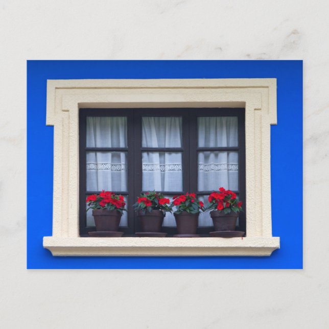 Wohngebäude mit Blume in Fenstern Postkarte (Vorderseite)