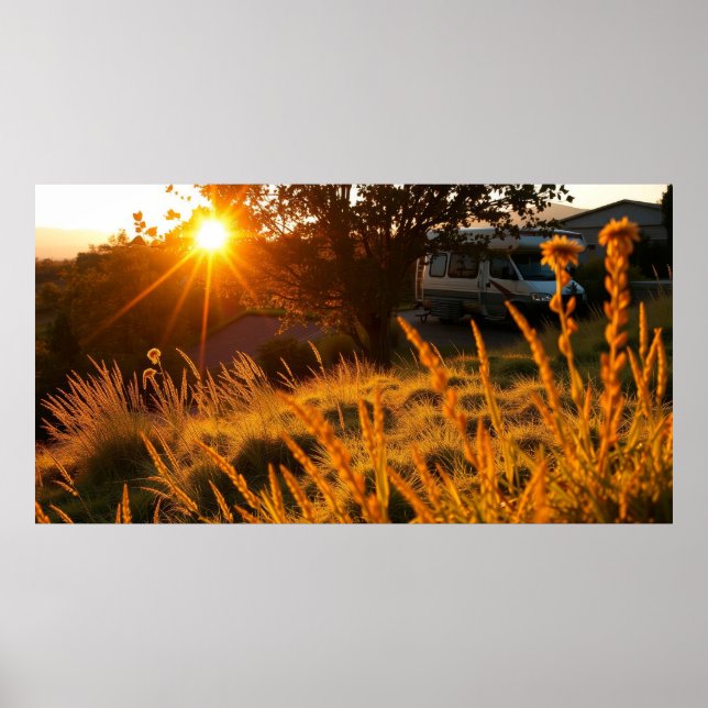 Wohnmobil auf einem Feld Poster (Vorne)