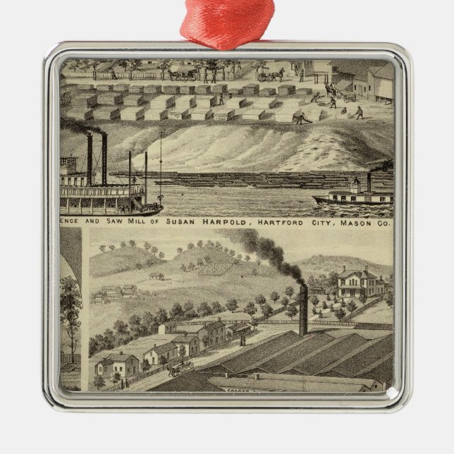 Wohnsitz und Sägemühle von Susan Harpold Silbernes Ornament (Vorne)