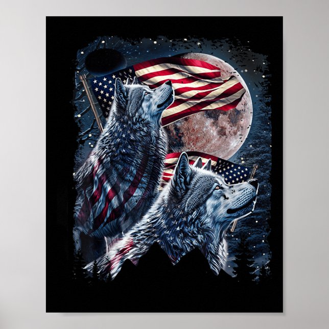 Wolf 4. Juli American Flag Howling Wolves Unde Poster (Vorne)