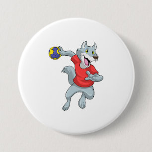 Wolf als Handballspieler mit Handball Button