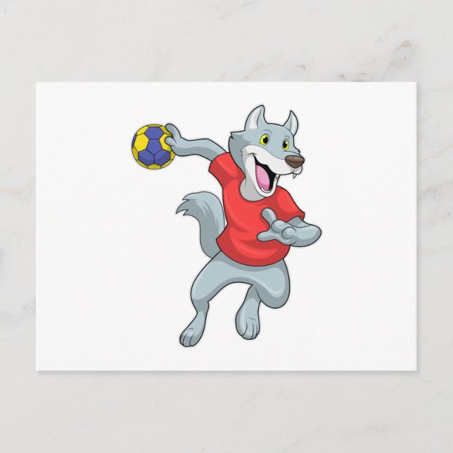 Wolf als Handballspieler mit Handball Postkarte (Vorderseite)