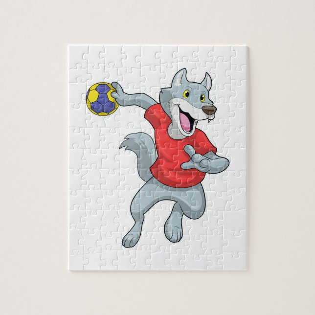 Wolf als Handballspieler mit Handball Puzzle (Vertikal)