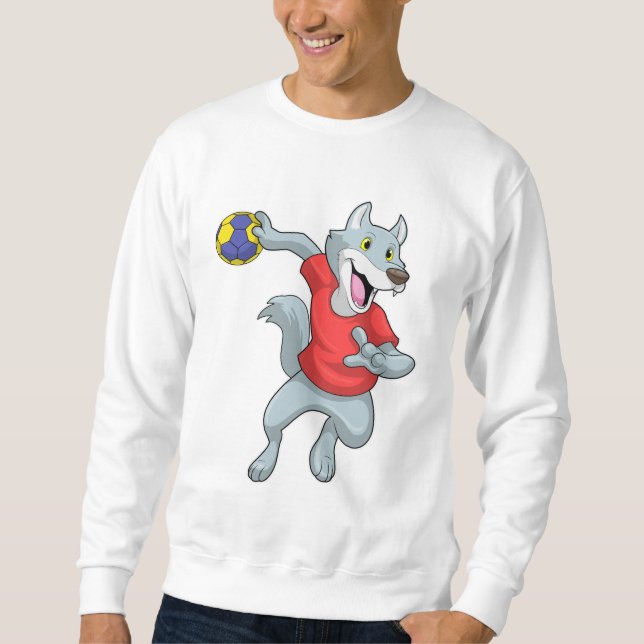 Wolf als Handballspieler mit Handball Sweatshirt (Vorderseite)