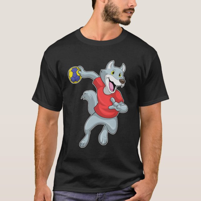 Wolf als Handballspieler mit Handball T-Shirt (Vorderseite)