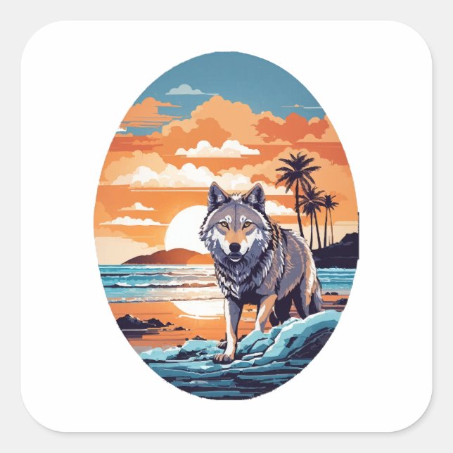 Wolf am Strand Quadratischer Aufkleber (Vorderseite)