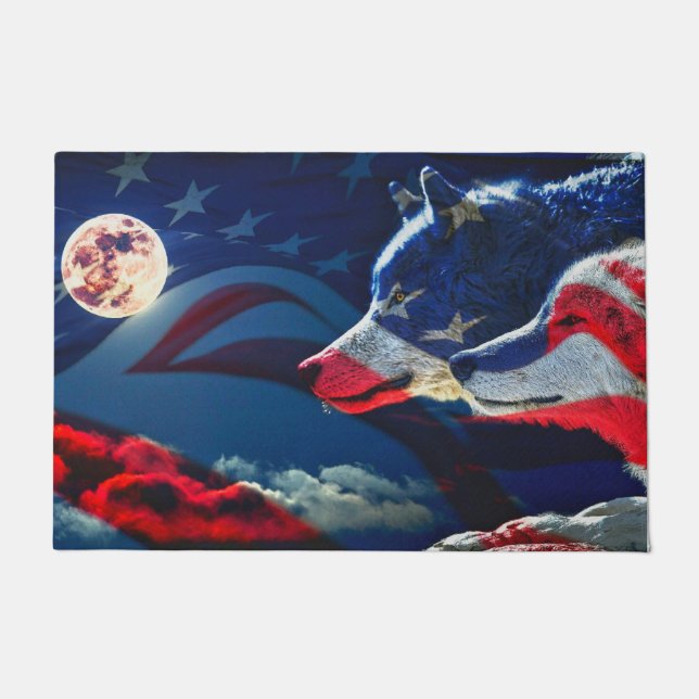 Wolf American Flag Full Moon Fußmatte (Vorderseite)