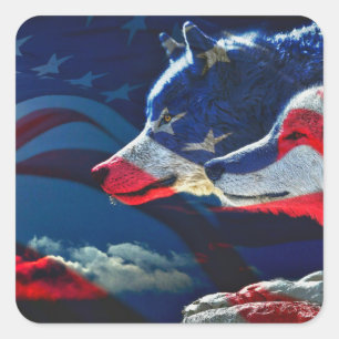 Wolf American Flag Full Moon Quadratischer Aufkleber