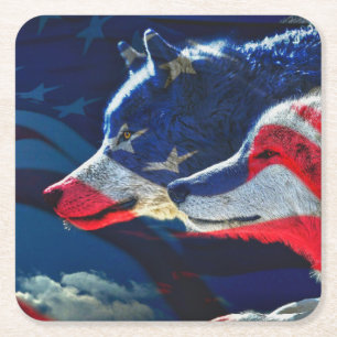 Wolf American Flag Full Moon Rechteckiger Pappuntersetzer