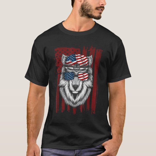 Wolf American Flag USA 4. Juli Männer Frauen Wolle T-Shirt (Vorderseite)
