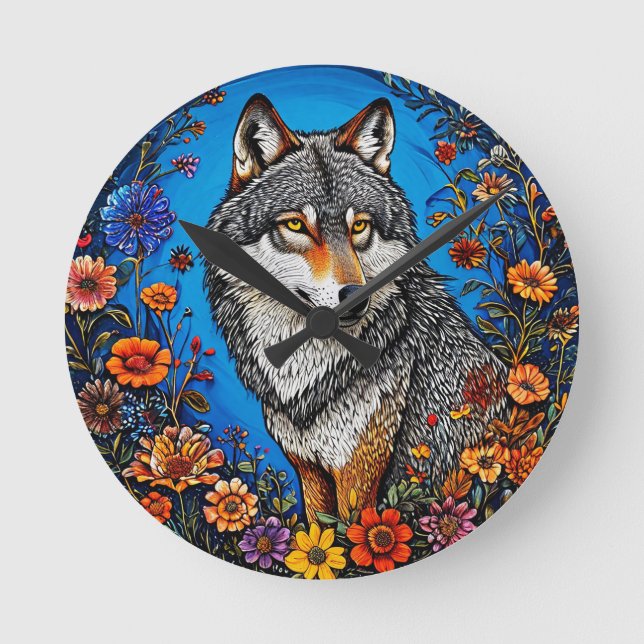 Wolf Amid Vibrant Blume Runde Wanduhr (Vorderseite)