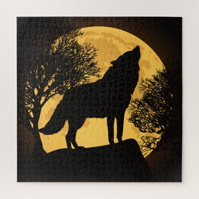 Wolf and Moon Black and Yellow Jigsaw Puzzle (Vertikal)