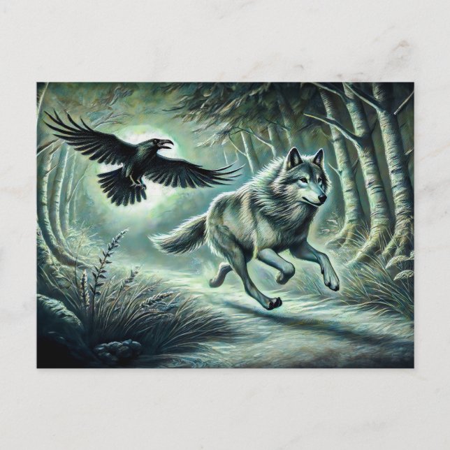Wolf and Raven in Moonlight Postkarte (Vorderseite)