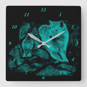Wolf and Raven in the Night Quadratische Wanduhr