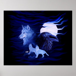 Wolf and Raven with full moon Poster