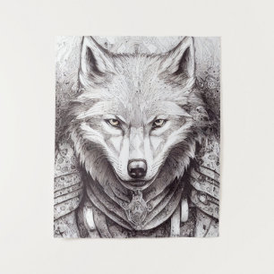 Wolf Animal Wild Nature Illustration Line Epic Art Wandteppich