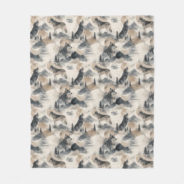 Wolf Aquarell Wölfe Bergwald Natur Fleecedecke (Vorderseite)