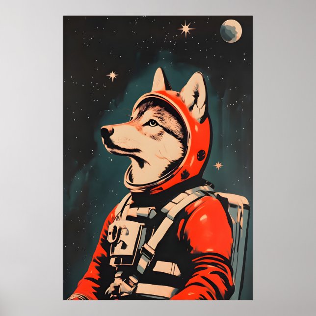Wolf Astronaut Poster, Wolf Retro Print, Wolf Poster (Vorne)