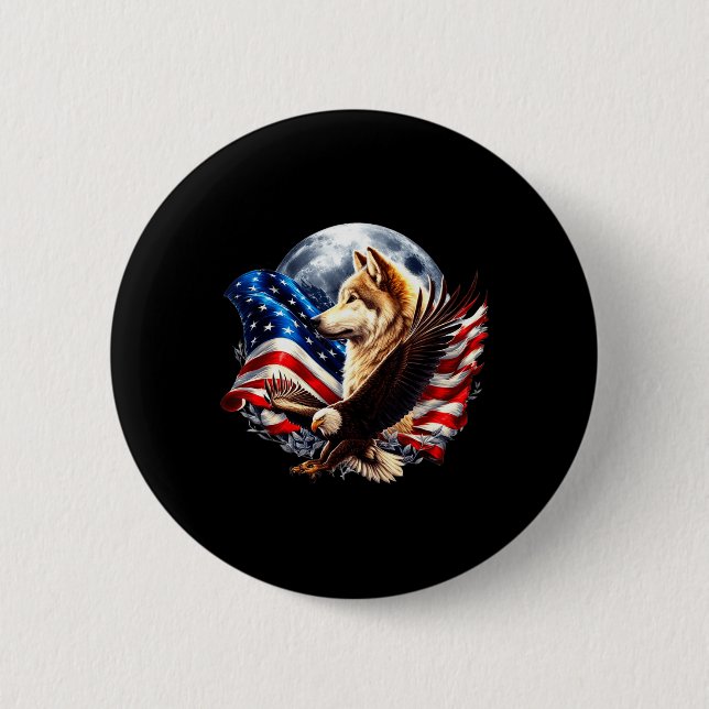 Wolf Bald Eagle American Flag Full Moon New Years  Button (Vorderseite)