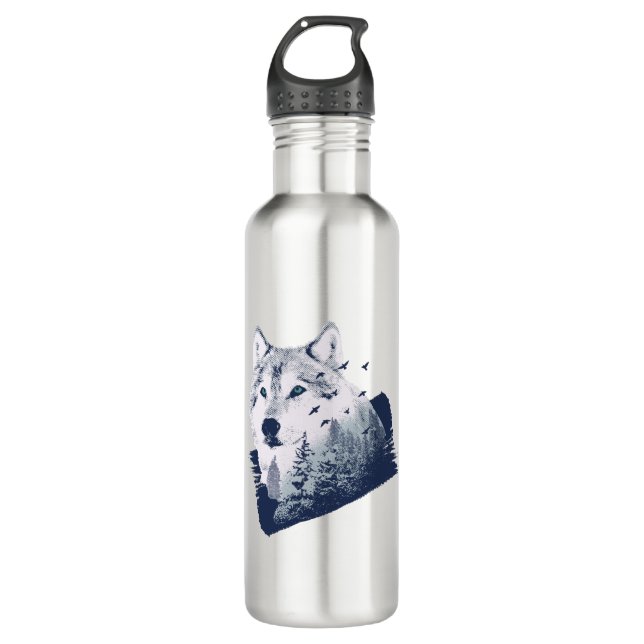Wolf Blue Forest Grunge Edelstahlflasche (Vorderseite)