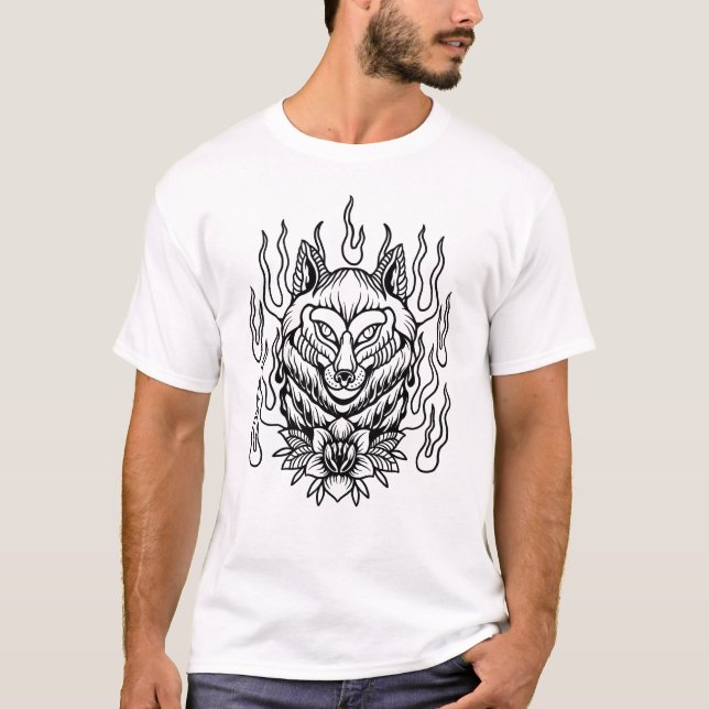 Wolf-Blume mit Flammen Tätowierdesign T - Shirt (Vorderseite)