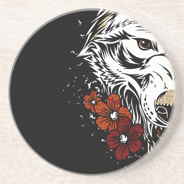 Wolf Blume Tatoo Vintag Getränkeuntersetzer (Vorne)