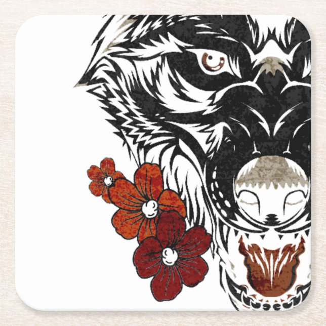 Wolf Blume Tatoo Vintag Rechteckiger Pappuntersetzer (Vorderseite)