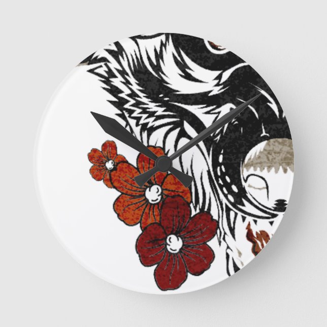 Wolf Blume Tatoo Vintag Runde Wanduhr (Vorderseite)