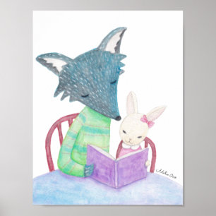 Wolf Bunny Poster Buchliebhaber Kinderzimmer Wandk