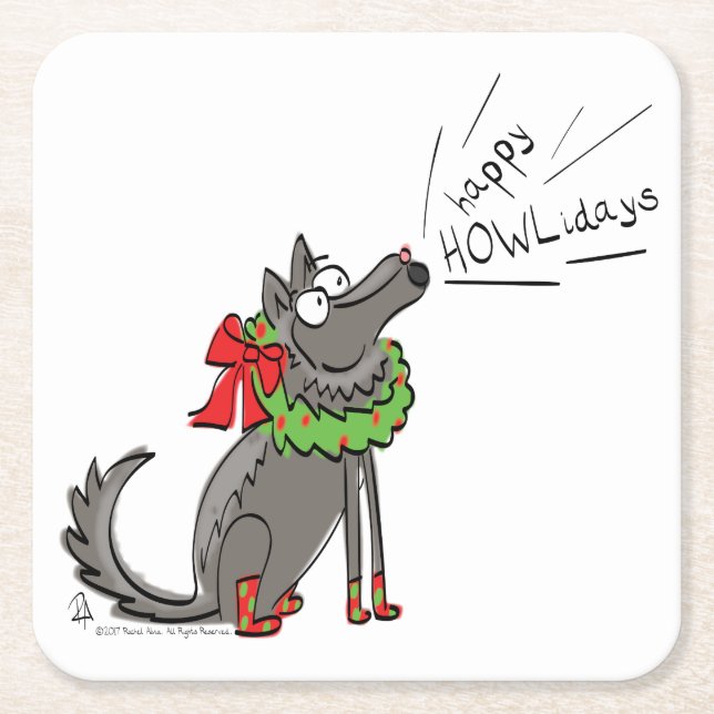 Wolf Christmas Happy Howlidays Funny Rechteckiger Pappuntersetzer (Vorderseite)