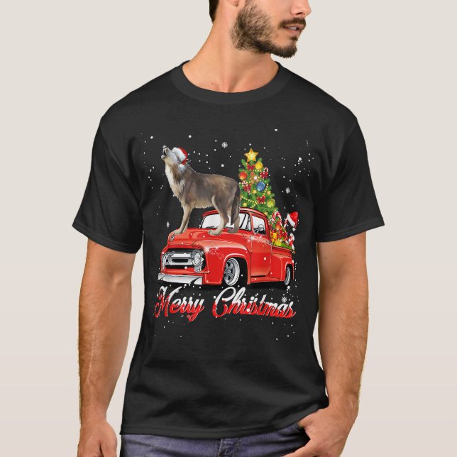 Wolf Christmas Tshirt Wolf Dog Riding Red Truck Ch (Vorderseite)
