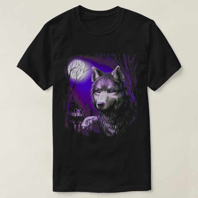 Wolf Cool Wolves Forest Tree Moon T-Shirt (Design vorne)