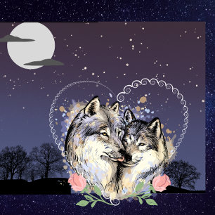 Wolf Couple Moon & Stars Throw Kissen