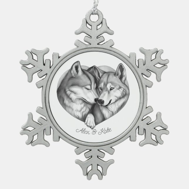 Wolf Couple Schneeflocken Zinn-Ornament (Vorderseite)