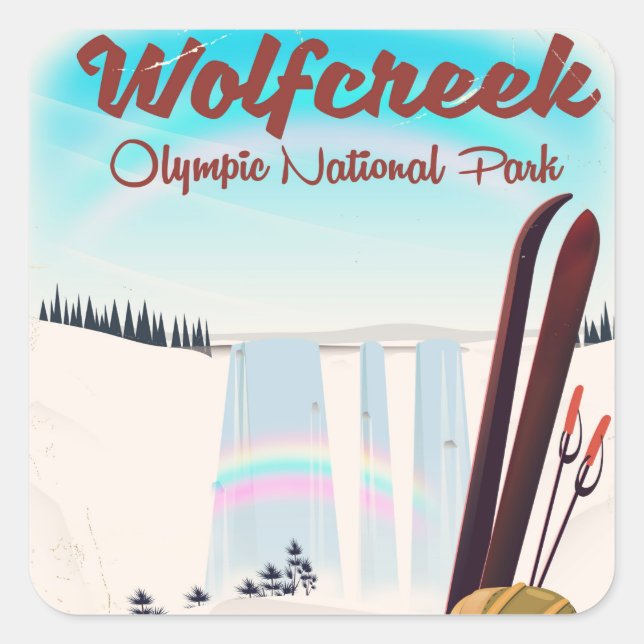 Wolf Creek Olympic National Park Travel Poster. Quadratischer Aufkleber (Vorderseite)