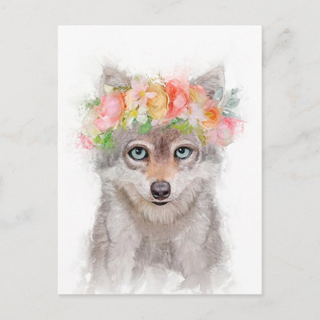 Wolf Cub Blume Crown Portrait Postkarte (Vorderseite)
