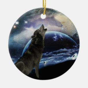 Wolf, der am MondWeihnachtsbaum heult Keramik Ornament