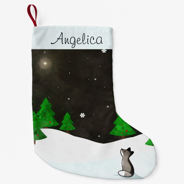 Wolf, der auf Snowy-Winter-NachtAquarell Kleiner Weihnachtsstrumpf (Vorderseite)