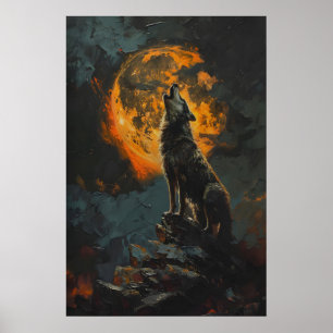 Wolf, der bei orange vollem Mond heult, zum Ausdru Poster
