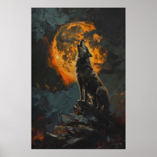 Wolf, der bei orange vollem Mond heult, zum Ausdru Poster
