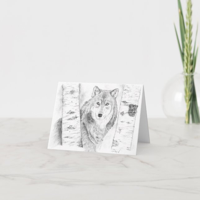 Wolf, der durch die Birkenbäume schaut Karte (Vorderseite)