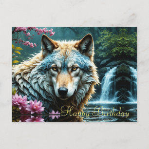 Wolf, der mit Blumen Geburtstag feiert und im Flus Postkarte