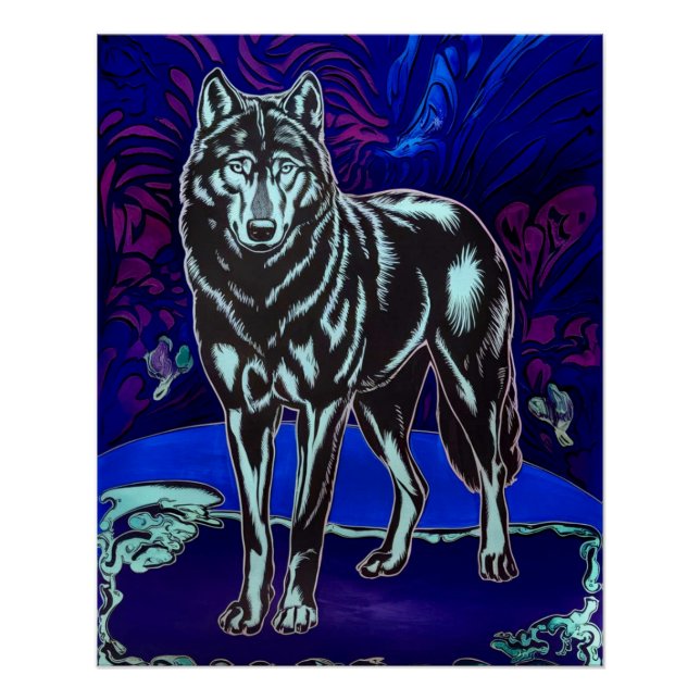Wolf Design Glossy Art Poster Blau Lila (Vorderseite)