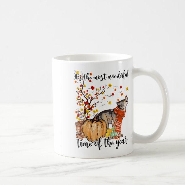 Wolf Dog Fall Pumpkins Autumn Leaf Tree Kaffeetasse (Rechts)
