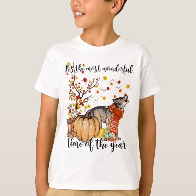 Wolf Dog Fall Pumpkins Autumn Leaf Tree T-Shirt (Vorderseite)