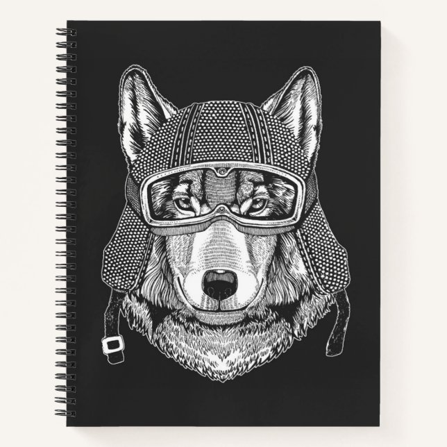 Wolf Dog Motorradfahrer Notizbuch (Vorderseite)