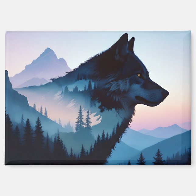 Wolf Doppelexposition Tierart Wildnis Magnet (Vorderseite)