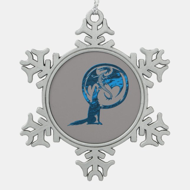 Wolf & Dragon blauer Zinnsnowflake Schneeflocken Zinn-Ornament (Vorderseite)
