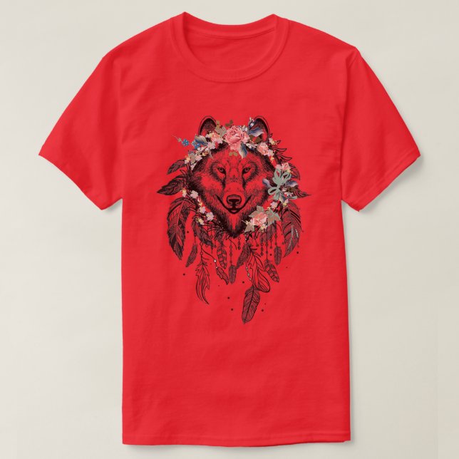 Wolf Dreamcatcher mit Blume T-Shirt (Design vorne)