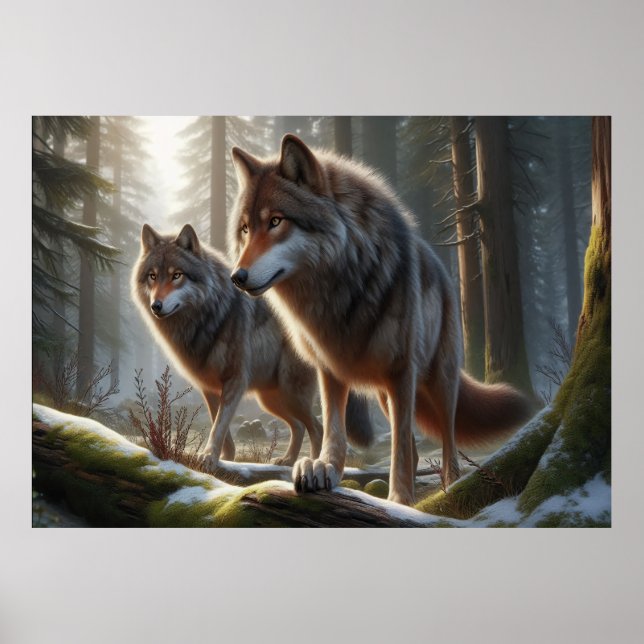 Wolf Duo in Forest 3D Look | Atemberaubende Natur Poster (Vorne)